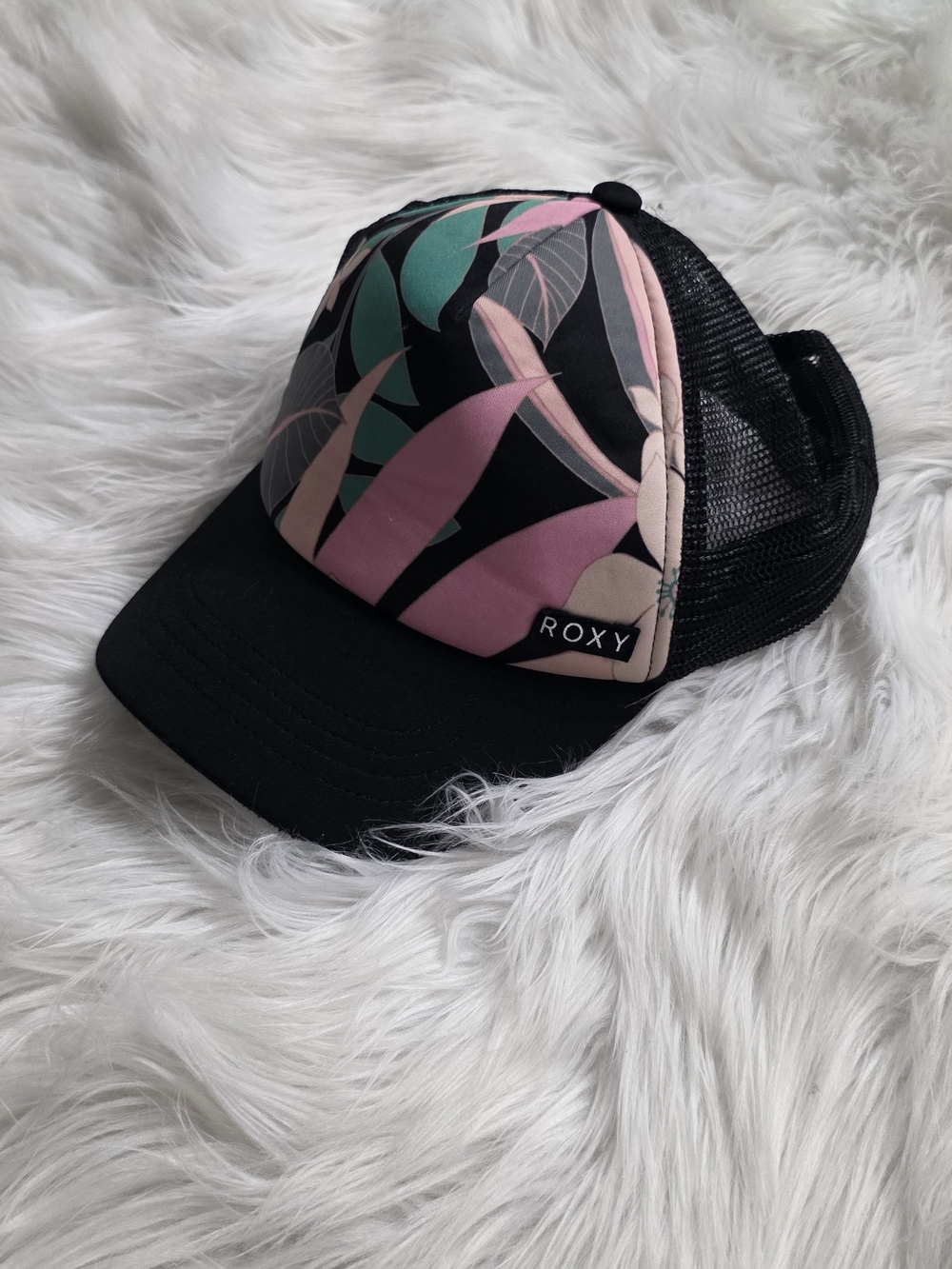 Roxy Girls Black Trucker Hat with Pink & Teal Floral Print